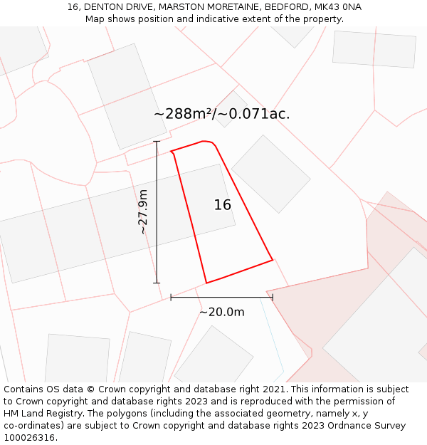 16, DENTON DRIVE, MARSTON MORETAINE, BEDFORD, MK43 0NA: Plot and title map