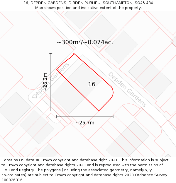 16, DEPDEN GARDENS, DIBDEN PURLIEU, SOUTHAMPTON, SO45 4RX: Plot and title map