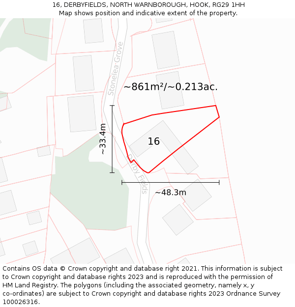 16, DERBYFIELDS, NORTH WARNBOROUGH, HOOK, RG29 1HH: Plot and title map