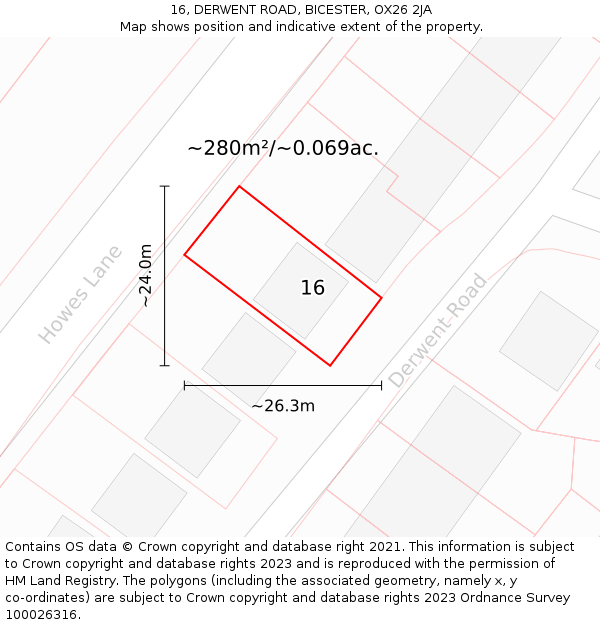 16, DERWENT ROAD, BICESTER, OX26 2JA: Plot and title map