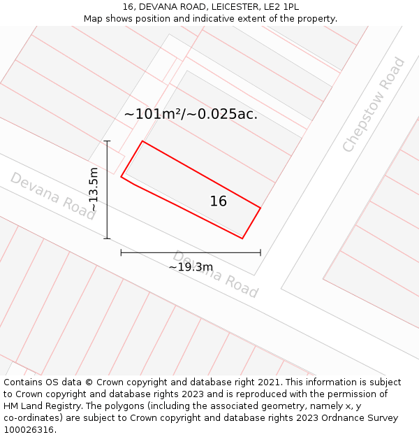 16, DEVANA ROAD, LEICESTER, LE2 1PL: Plot and title map