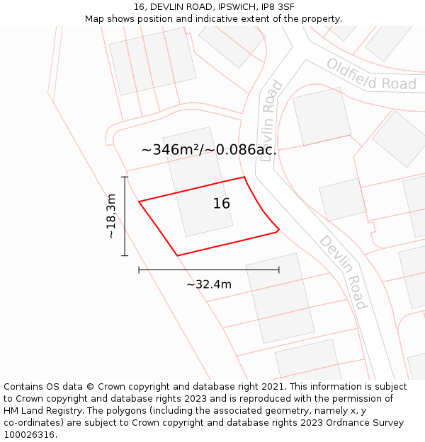 16, DEVLIN ROAD, IPSWICH, IP8 3SF: Plot and title map