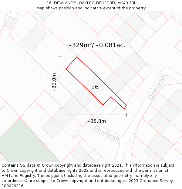 16, DEWLANDS, OAKLEY, BEDFORD, MK43 7RL: Plot and title map