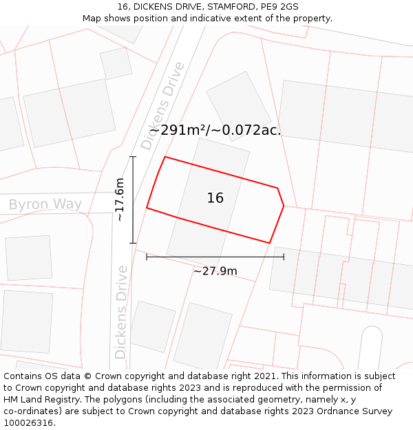 16, DICKENS DRIVE, STAMFORD, PE9 2GS: Plot and title map