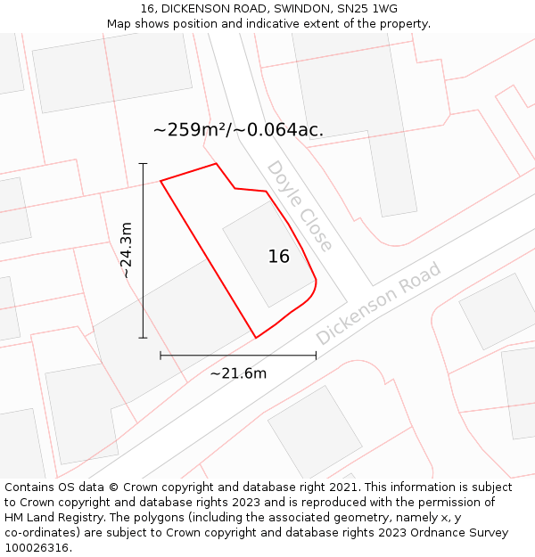 16, DICKENSON ROAD, SWINDON, SN25 1WG: Plot and title map
