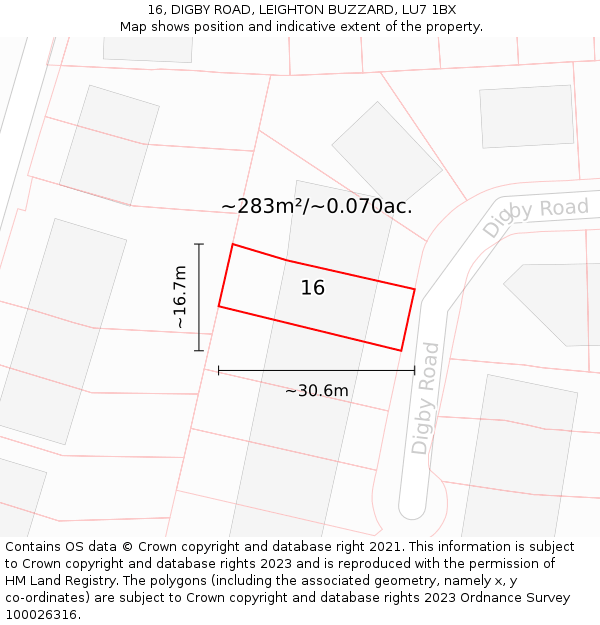 16, DIGBY ROAD, LEIGHTON BUZZARD, LU7 1BX: Plot and title map