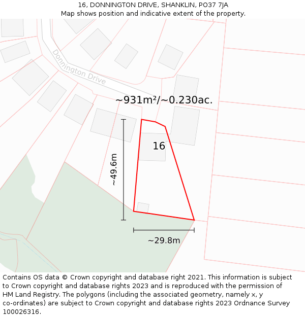 16, DONNINGTON DRIVE, SHANKLIN, PO37 7JA: Plot and title map