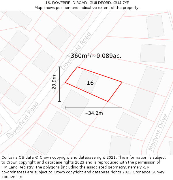 16, DOVERFIELD ROAD, GUILDFORD, GU4 7YF: Plot and title map