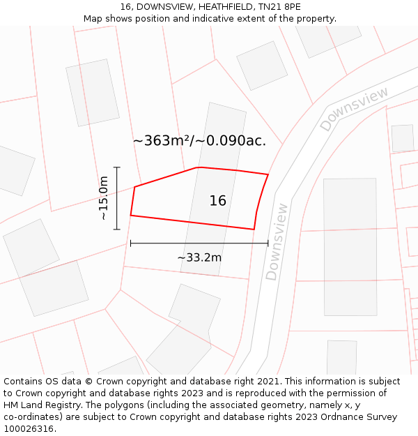 16, DOWNSVIEW, HEATHFIELD, TN21 8PE: Plot and title map