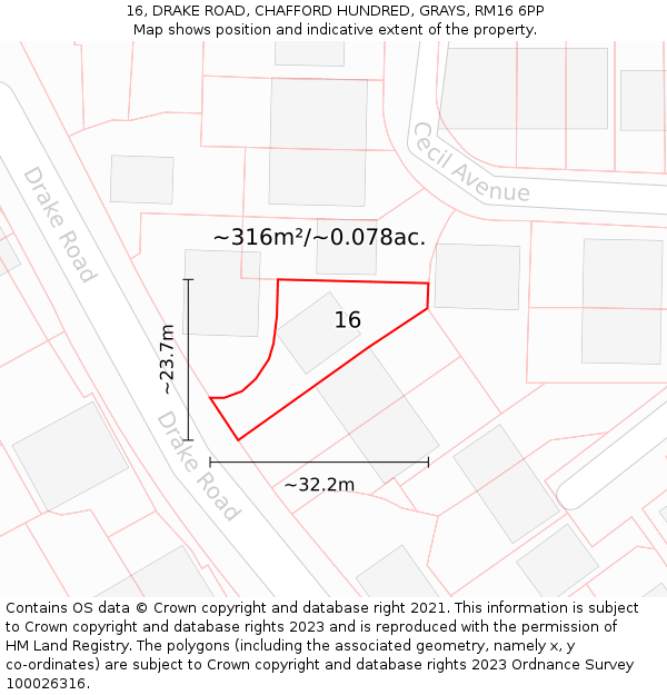 16, DRAKE ROAD, CHAFFORD HUNDRED, GRAYS, RM16 6PP: Plot and title map