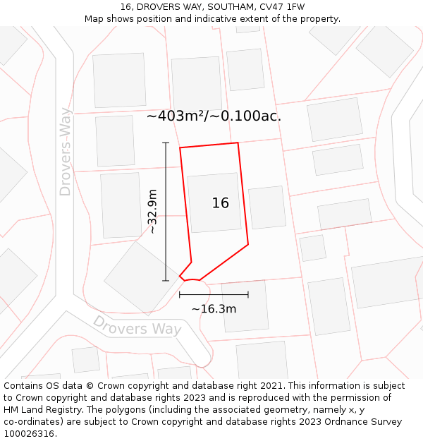 16, DROVERS WAY, SOUTHAM, CV47 1FW: Plot and title map