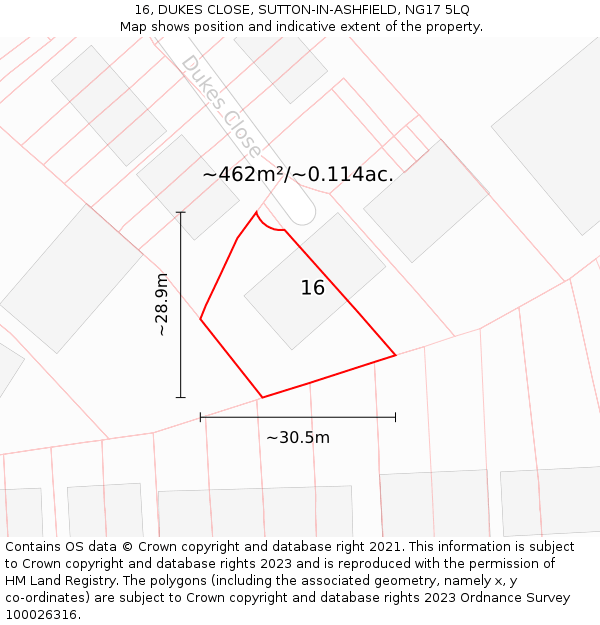 16, DUKES CLOSE, SUTTON-IN-ASHFIELD, NG17 5LQ: Plot and title map