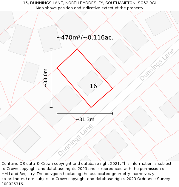 16, DUNNINGS LANE, NORTH BADDESLEY, SOUTHAMPTON, SO52 9GL: Plot and title map