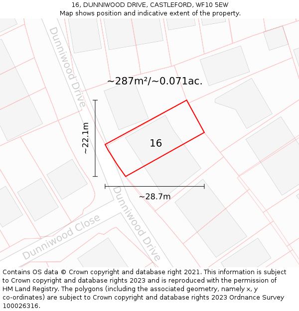 16, DUNNIWOOD DRIVE, CASTLEFORD, WF10 5EW: Plot and title map