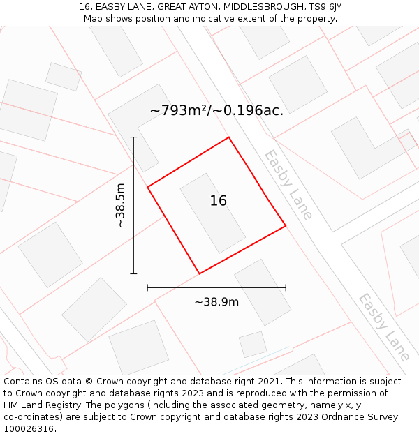 16, EASBY LANE, GREAT AYTON, MIDDLESBROUGH, TS9 6JY: Plot and title map