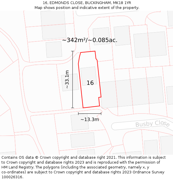 16, EDMONDS CLOSE, BUCKINGHAM, MK18 1YR: Plot and title map