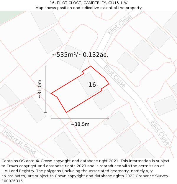 16, ELIOT CLOSE, CAMBERLEY, GU15 1LW: Plot and title map