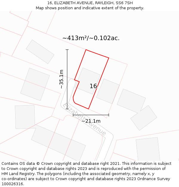 16, ELIZABETH AVENUE, RAYLEIGH, SS6 7SH: Plot and title map