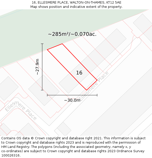 16, ELLESMERE PLACE, WALTON-ON-THAMES, KT12 5AE: Plot and title map