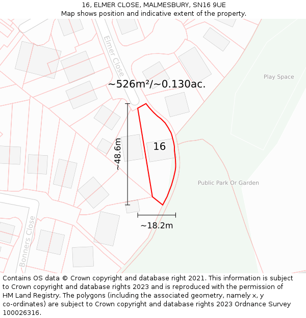 16, ELMER CLOSE, MALMESBURY, SN16 9UE: Plot and title map