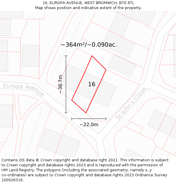 16, EUROPA AVENUE, WEST BROMWICH, B70 6TL: Plot and title map