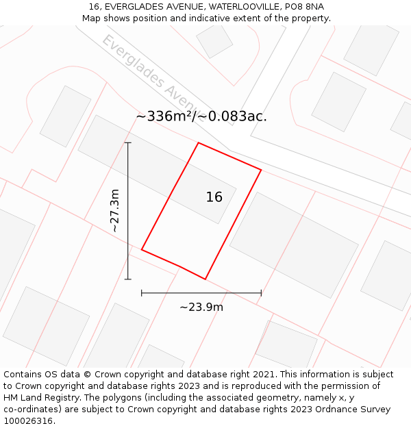 16, EVERGLADES AVENUE, WATERLOOVILLE, PO8 8NA: Plot and title map