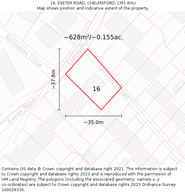 16, EXETER ROAD, CHELMSFORD, CM1 6HU: Plot and title map