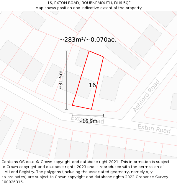 16, EXTON ROAD, BOURNEMOUTH, BH6 5QF: Plot and title map