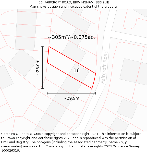 16, FAIRCROFT ROAD, BIRMINGHAM, B36 9UE: Plot and title map