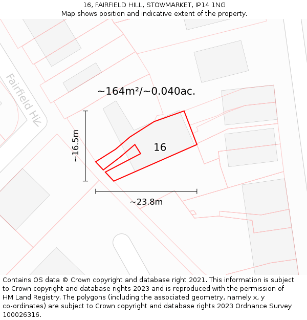 16, FAIRFIELD HILL, STOWMARKET, IP14 1NG: Plot and title map