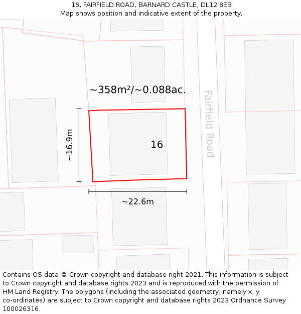 16, FAIRFIELD ROAD, BARNARD CASTLE, DL12 8EB: Plot and title map