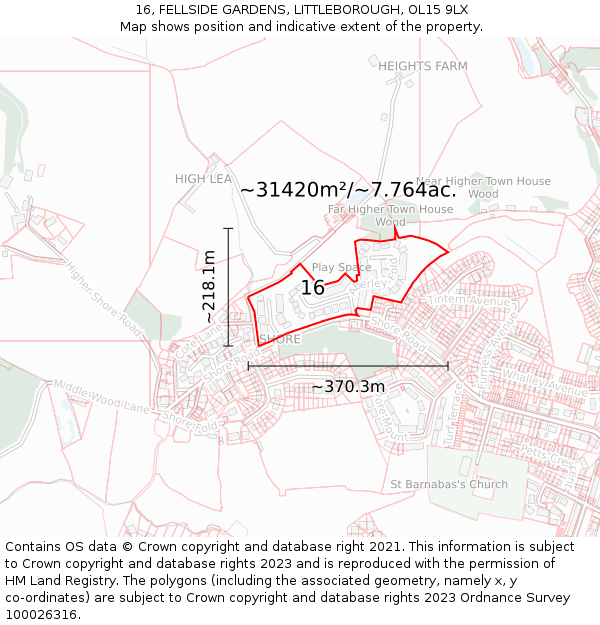 16, FELLSIDE GARDENS, LITTLEBOROUGH, OL15 9LX: Plot and title map