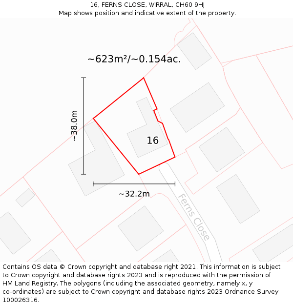 16, FERNS CLOSE, WIRRAL, CH60 9HJ: Plot and title map