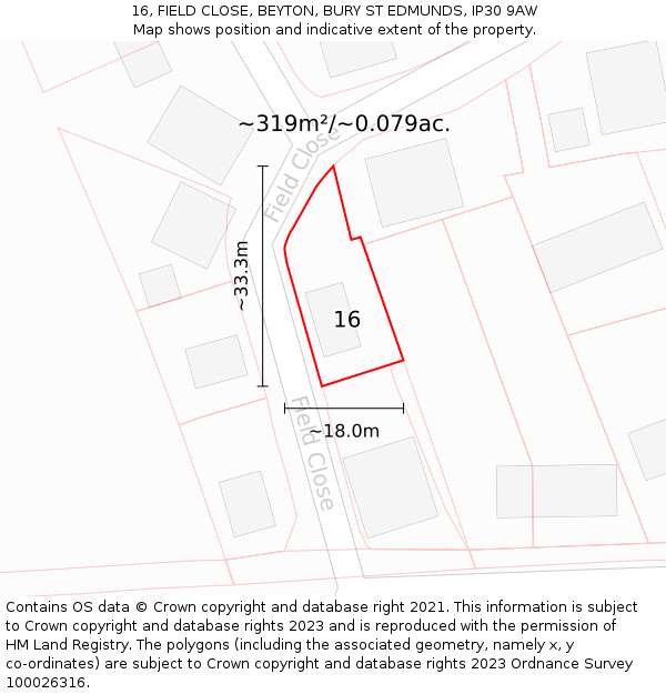 16, FIELD CLOSE, BEYTON, BURY ST EDMUNDS, IP30 9AW: Plot and title map