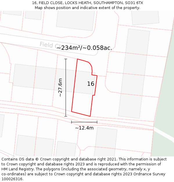 16, FIELD CLOSE, LOCKS HEATH, SOUTHAMPTON, SO31 6TX: Plot and title map