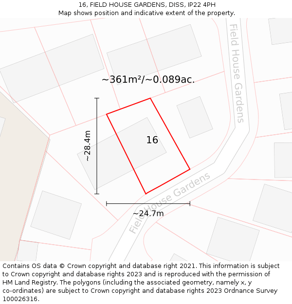 16, FIELD HOUSE GARDENS, DISS, IP22 4PH: Plot and title map