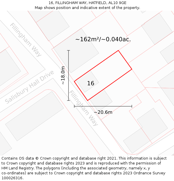 16, FILLINGHAM WAY, HATFIELD, AL10 9GE: Plot and title map