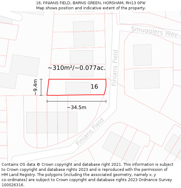 16, FINIANS FIELD, BARNS GREEN, HORSHAM, RH13 0PW: Plot and title map