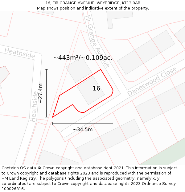 16, FIR GRANGE AVENUE, WEYBRIDGE, KT13 9AR: Plot and title map