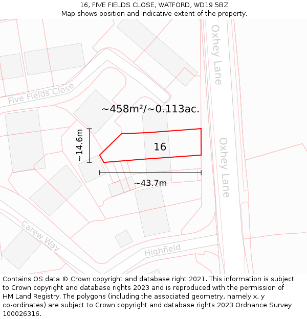 16, FIVE FIELDS CLOSE, WATFORD, WD19 5BZ: Plot and title map