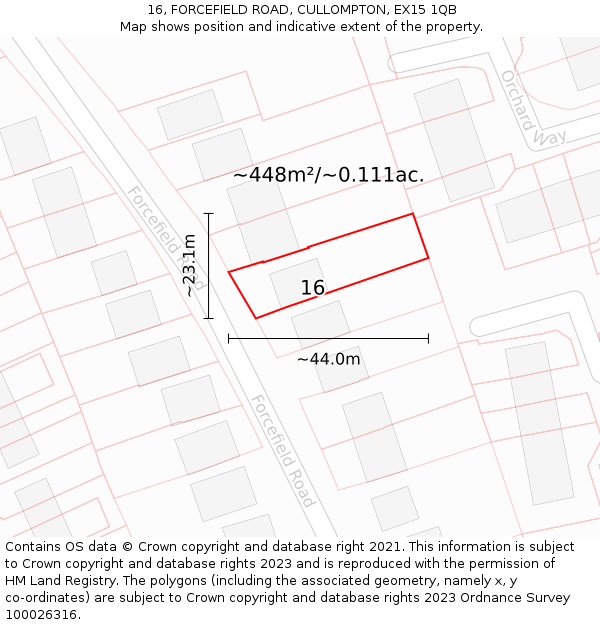 16, FORCEFIELD ROAD, CULLOMPTON, EX15 1QB: Plot and title map