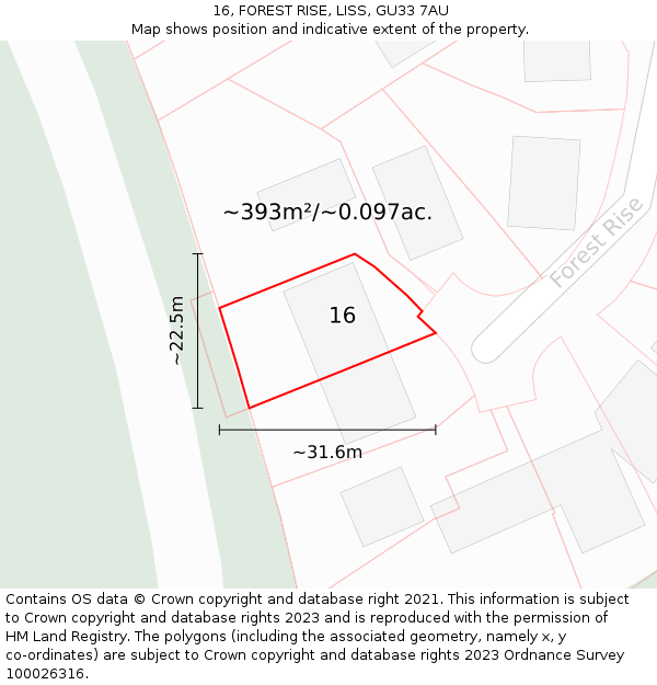 16, FOREST RISE, LISS, GU33 7AU: Plot and title map