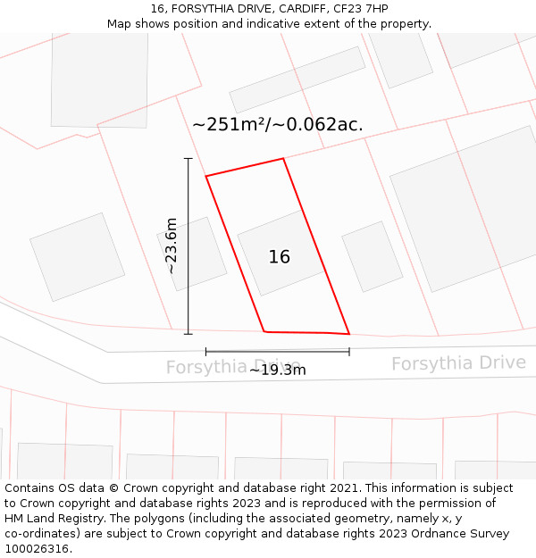 16, FORSYTHIA DRIVE, CARDIFF, CF23 7HP: Plot and title map