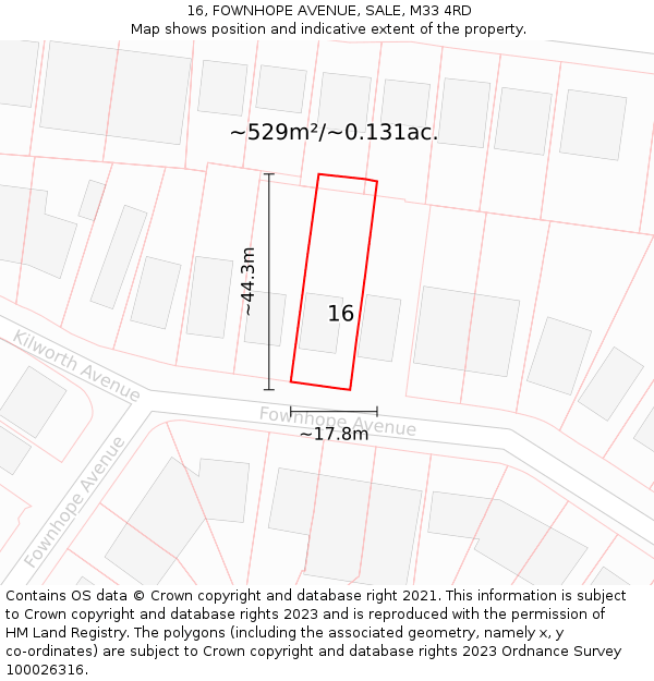 16, FOWNHOPE AVENUE, SALE, M33 4RD: Plot and title map