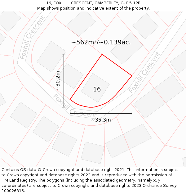 16, FOXHILL CRESCENT, CAMBERLEY, GU15 1PR: Plot and title map