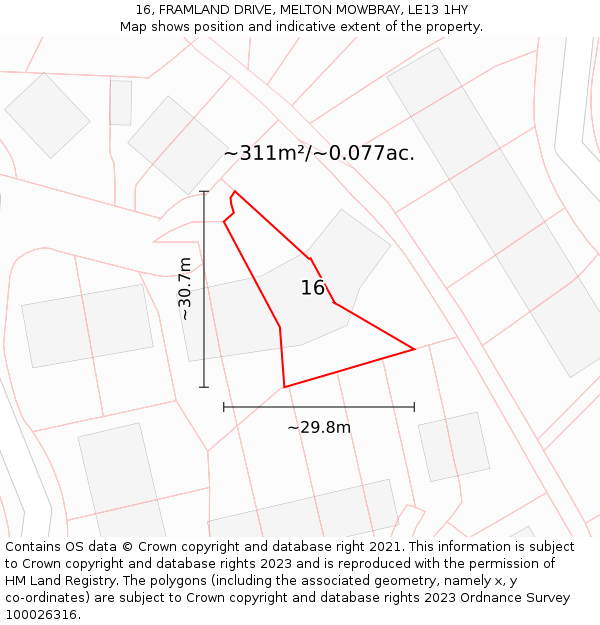 16, FRAMLAND DRIVE, MELTON MOWBRAY, LE13 1HY: Plot and title map