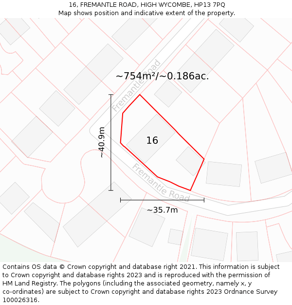 16, FREMANTLE ROAD, HIGH WYCOMBE, HP13 7PQ: Plot and title map