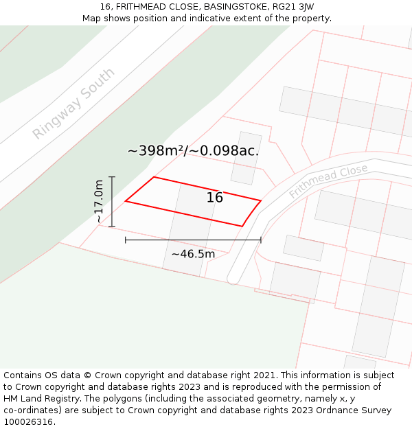 16, FRITHMEAD CLOSE, BASINGSTOKE, RG21 3JW: Plot and title map