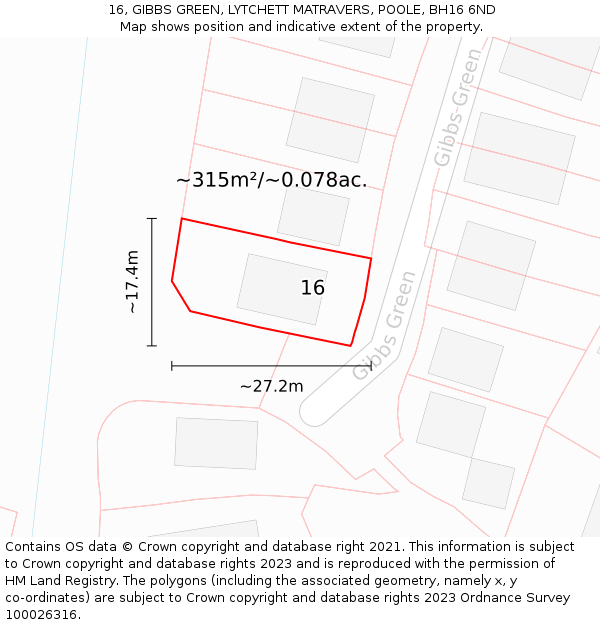 16, GIBBS GREEN, LYTCHETT MATRAVERS, POOLE, BH16 6ND: Plot and title map