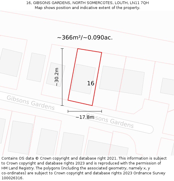 16, GIBSONS GARDENS, NORTH SOMERCOTES, LOUTH, LN11 7QH: Plot and title map